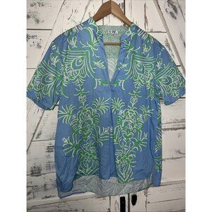 Patty Kim Morgan Short Sleeve blouse Large Green Blue Split Neck Baroque Tunic